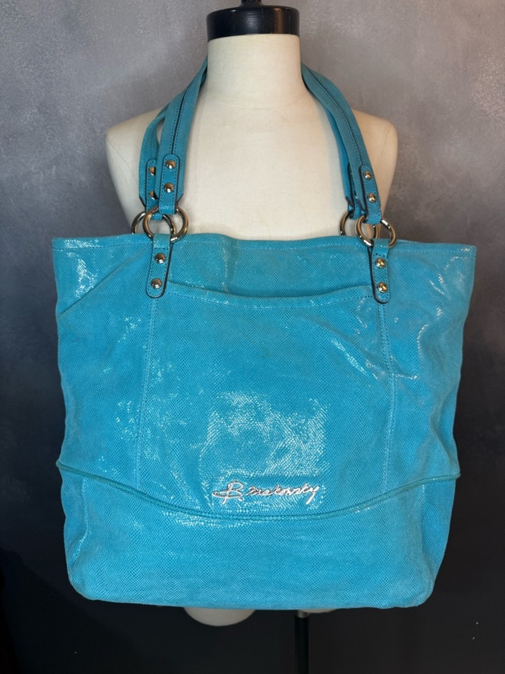 B Makowsky Blue Turquoise Silver Snake Embossed Soft Leather Large Handbag
